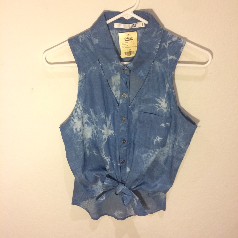 Tie-Front Marble Denim Blouse - Picture 2 of 5